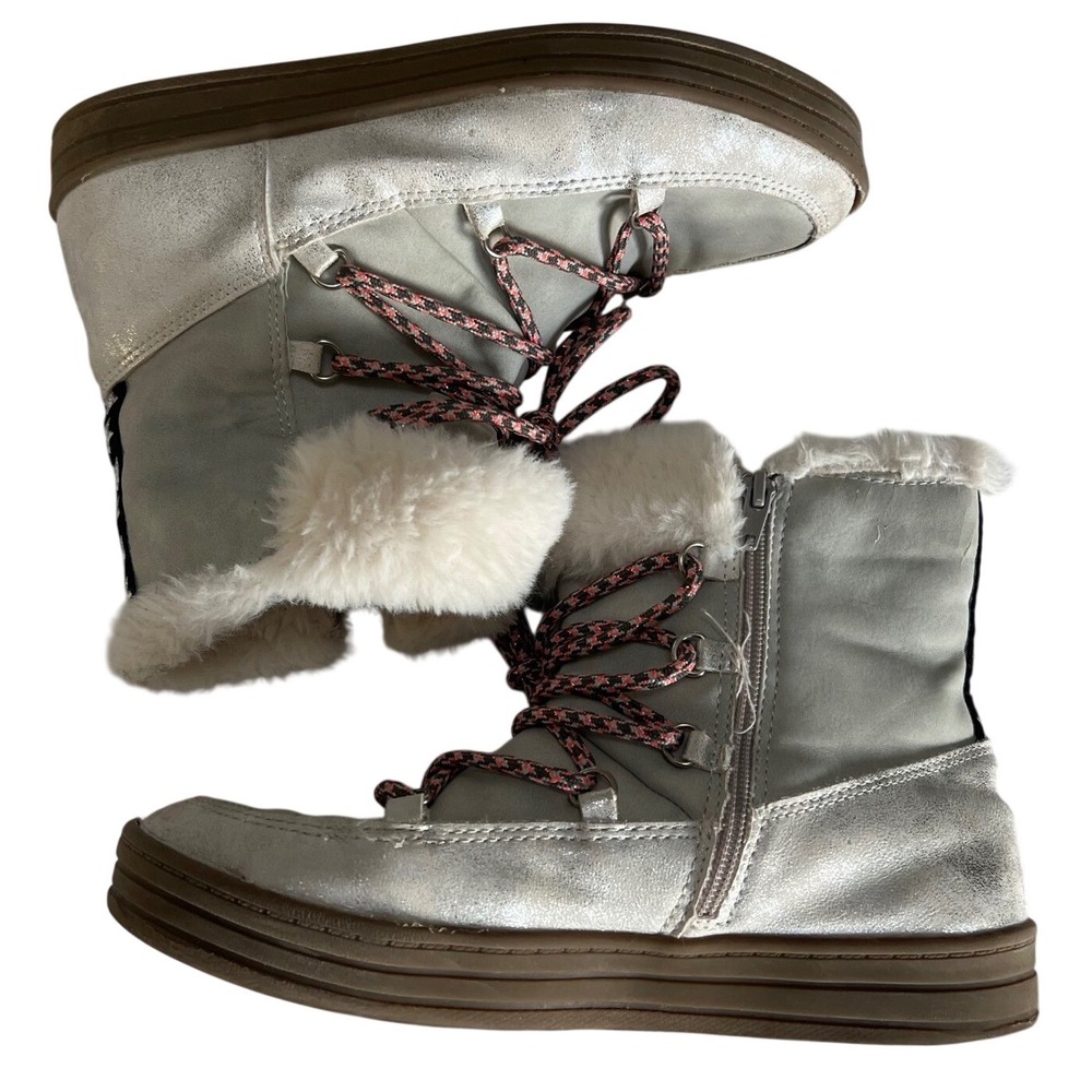 SPROX Kids Cozy Fur Lined Snow Boots Gray‎ Pink Laces Stars Side Zip